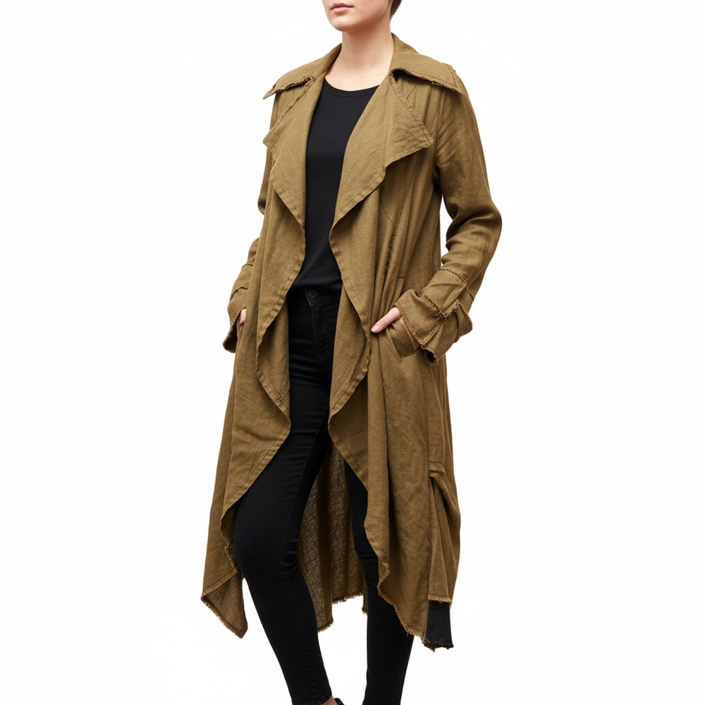 Tina Givens 100% Linen Duster Jacket Olive Green Boho Lagenlook Hand Crafted M